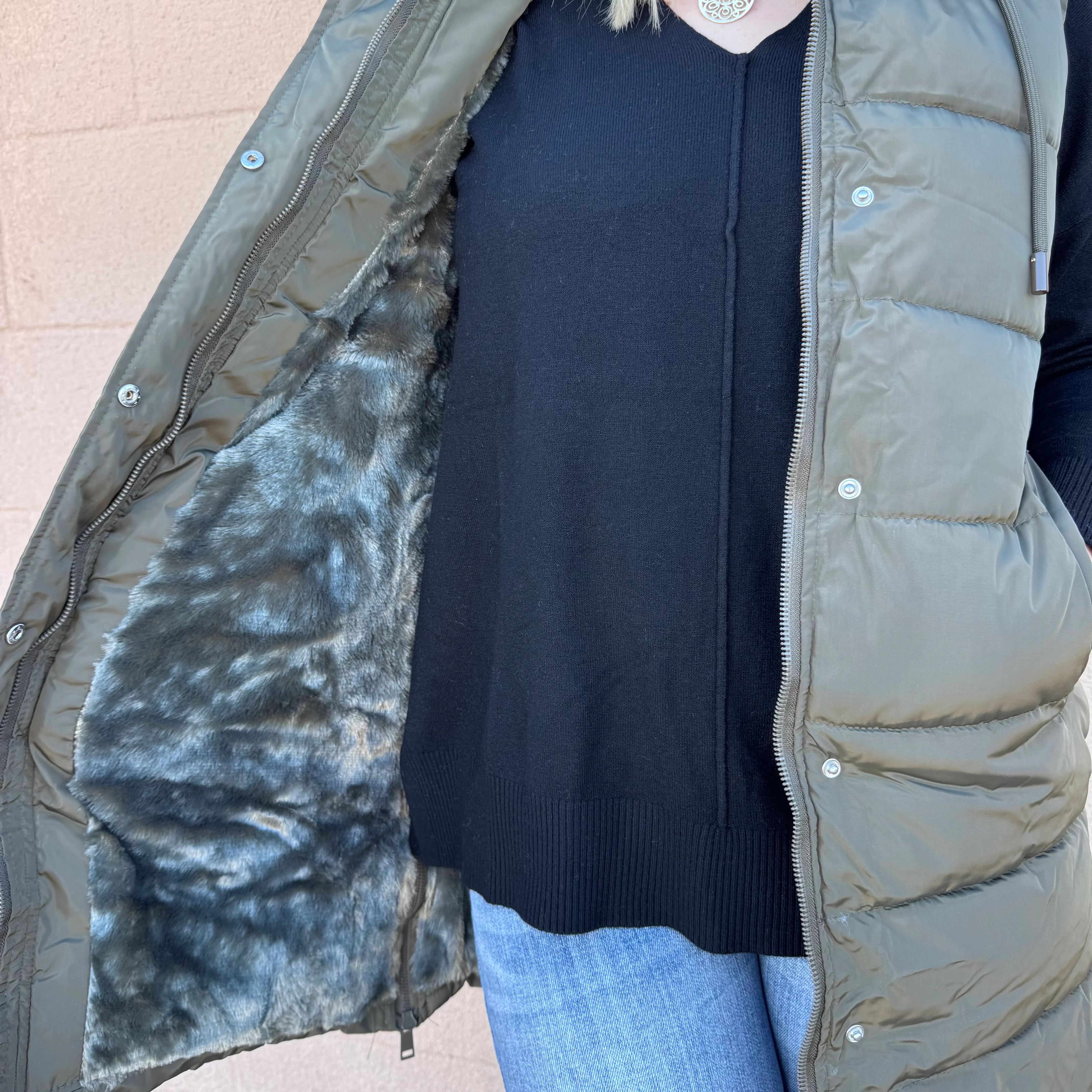 Camille Long Puffer Vest - OLIVE - Image 3